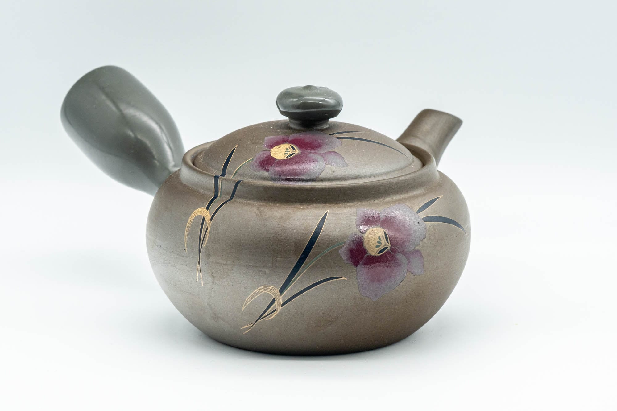 Japanese Kyusu - Grey and Pink Floral Teapot with Rubber Grip - 380ml - Tezumi