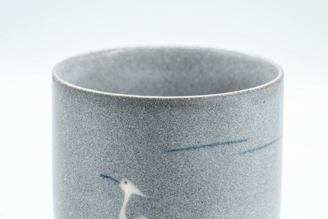 Japanese Teacup - Egret Matte Blue Glazed Yunomi - 170ml - front view highlighting the painted white egret decoration