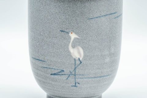 Japanese Teacup - Egret Matte Blue Glazed Yunomi - 170ml - side view showing the white egret standing in water motif