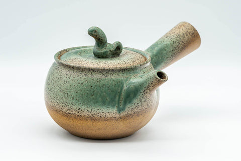 Tezumi — Japanese Kyusu - Speckled Green Glazed Serpent Lid Teapot - 350ml — side view with the lid and side handle