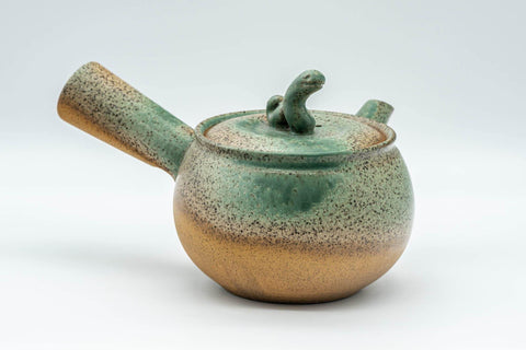 Tezumi — Japanese Kyusu - Speckled Green Glazed Serpent Lid Teapot - 350ml — three-quarter view from the opposite side