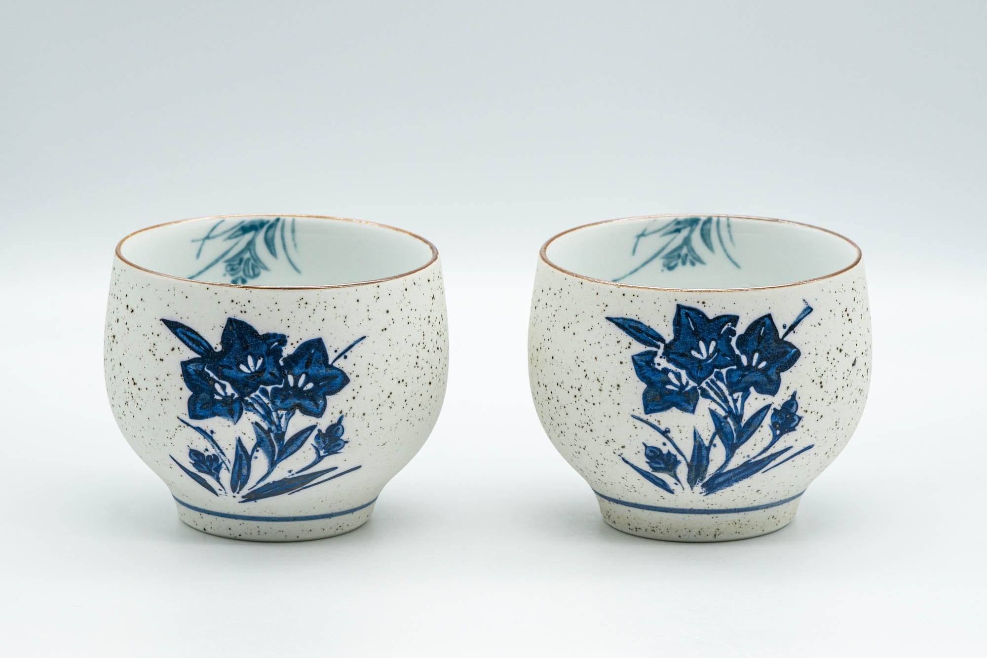 Japanese Teacups - Pair of White and Blue Floral Yunomi - 150ml