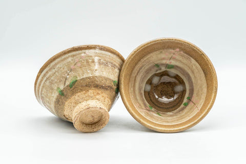Tezumi — Japanese Teacups - Pair of Floral Beige Hakeme Yunomi - 80ml — front view from another angle