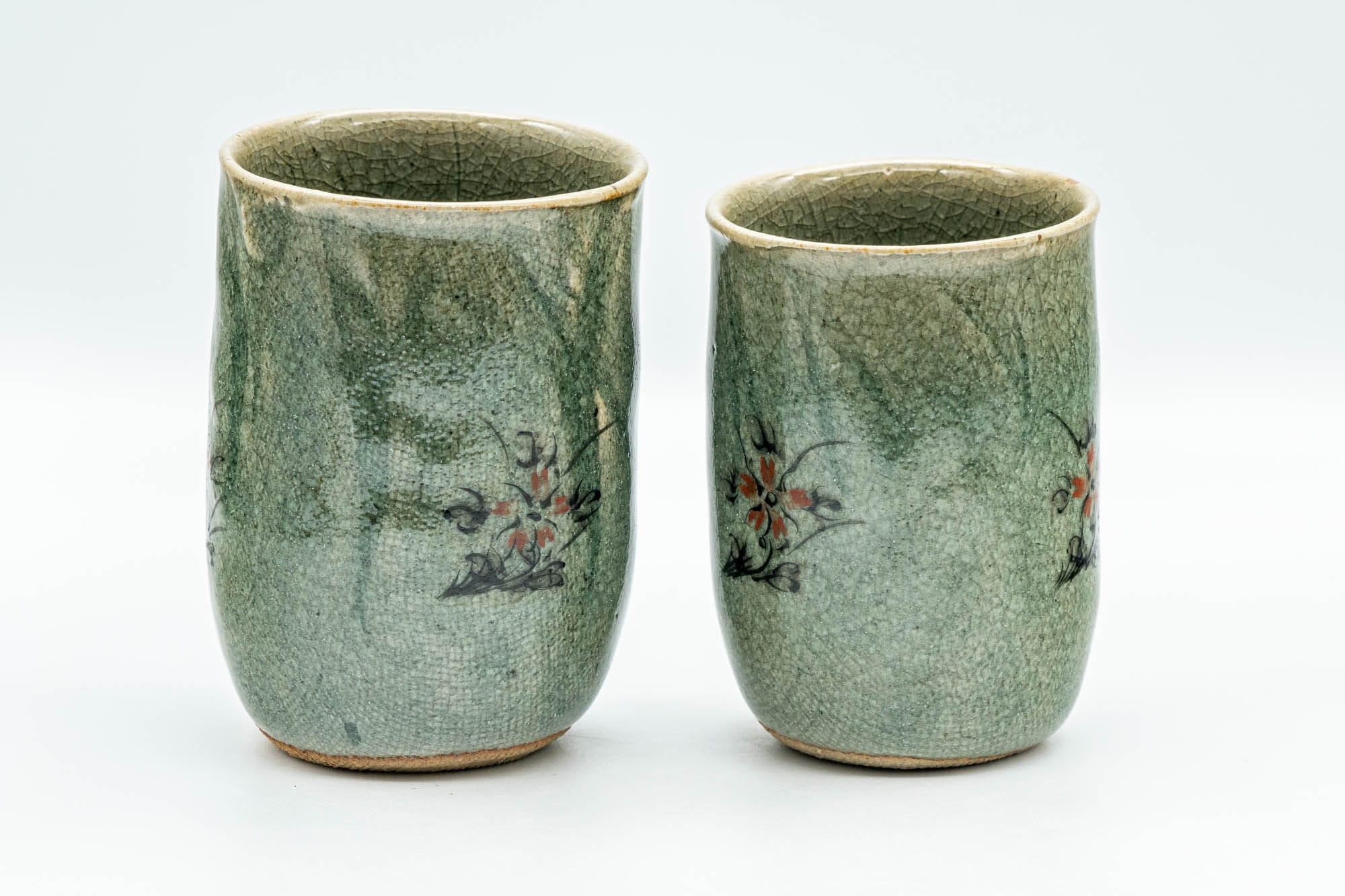 Japanese Teacups - Pair of Meoto Celadon Snowflake Glazed Floral Wabi-Sabi Yunomi