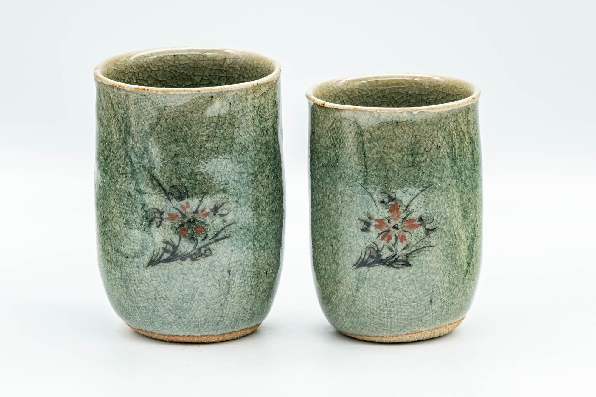 Japanese Teacups - Pair of Meoto Celadon Snowflake Glazed Floral Wabi-Sabi Yunomi