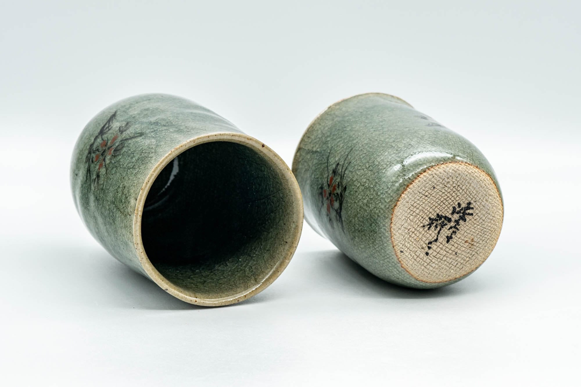 Japanese Teacups - Pair of Meoto Celadon Snowflake Glazed Floral Wabi-Sabi Yunomi