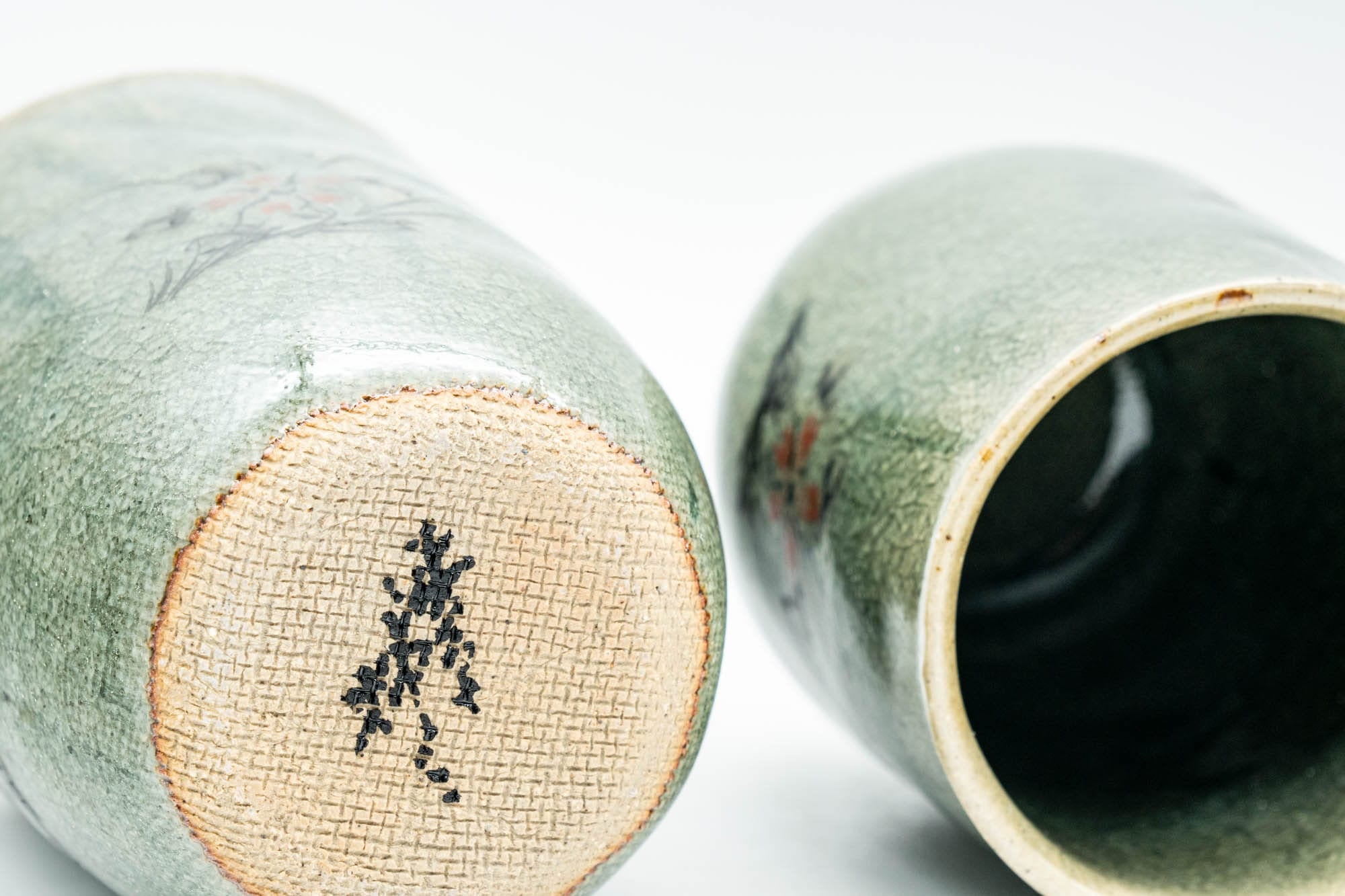 Japanese Teacups - Pair of Meoto Celadon Snowflake Glazed Floral Wabi-Sabi Yunomi