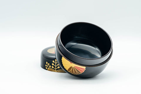 Japanese Natsume - Hira-Natsume Chrysanthemum Lacquer Matcha Tea Caddy - 100ml - open caddy showing the black lacquer interior