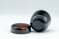 Japanese Natsume - Egrets Lacquer Matcha Tea Caddy - 100ml - the open caddy with the lid set beside it