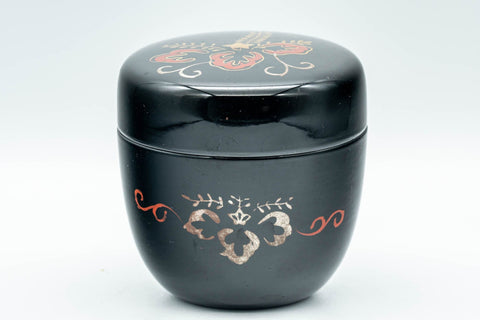 Japanese Natsume - Floral Lacquer Matcha Tea Caddy - 110ml - closed, three-quarter view of the floral lacquer caddy