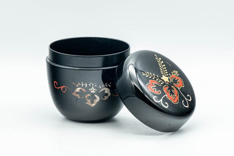 Japanese Natsume - Floral Lacquer Matcha Tea Caddy - 110ml - open with the lid tilted against the body, showing the floral lid