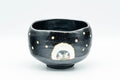 Tezumi — Japanese Matcha Bowl - Usagi Bunny Rabbits Black Raku Chawan - 400ml — front view