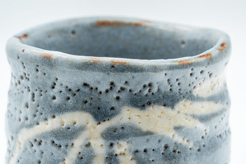 Japanese Teacup - Bamboo Suana Shino Glazed Tsutsu-gata Yunomi with Coaster - front view showing the bamboo decoration and suana texture