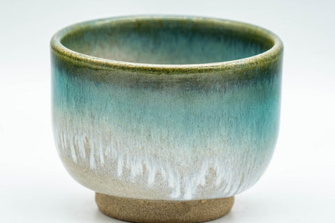 Japanese Teacup - Vibrant Agano-yaki Yunomi - 100ml - closeup of the turquoise drip glaze over the beige body