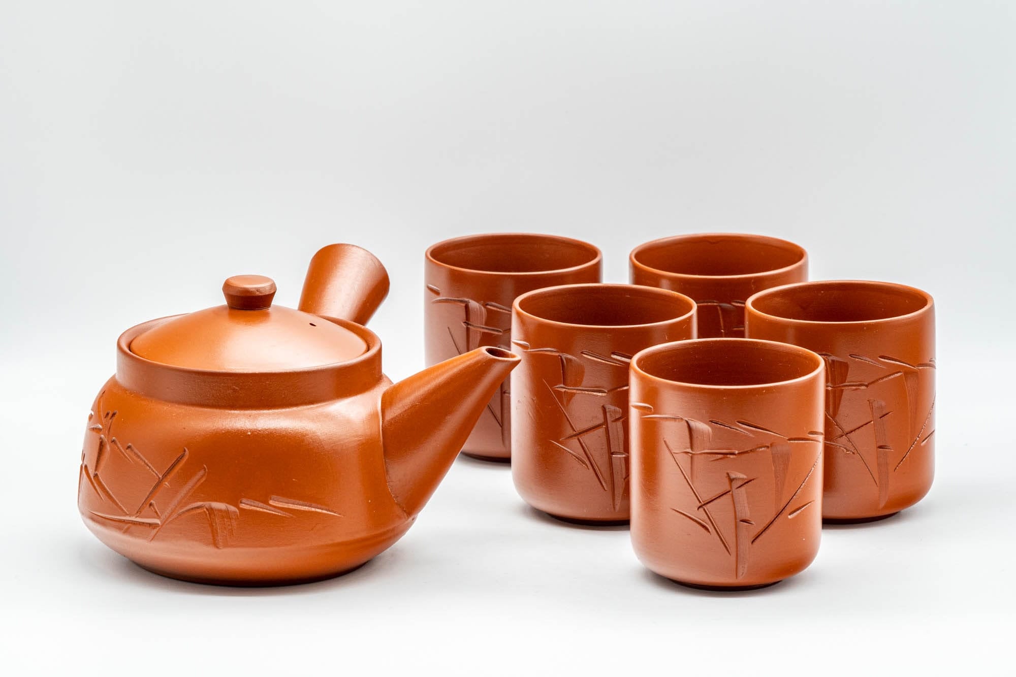 Japanese Tea Set - Bamboo Tokoname-yaki Debeso Kyusu Teapot with 5 Yunomi Teacups