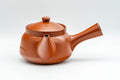 Japanese Tea Set - Bamboo Tokoname-yaki Debeso Kyusu Teapot with 5 Yunomi Teacups - angled view of the teapot showing the lid and side handle