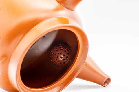 Japanese Tea Set - Bamboo Tokoname-yaki Debeso Kyusu Teapot with 5 Yunomi Teacups - closeup of the interior showing the ceramic debeso filter