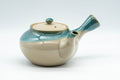 Japanese Tea Set - 上野焼 Agano-yaki Debeso Kyusu Teapot with 4 Yunomi Teacups - front view of the teapot with the lid in place