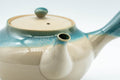 Japanese Tea Set - 上野焼 Agano-yaki Debeso Kyusu Teapot with 4 Yunomi Teacups - top-down view of the teapot showing the lid, handle and spout