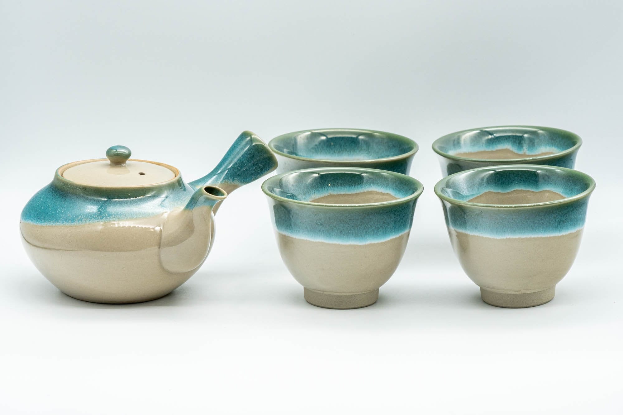 Japanese Tea Set - 上野焼 Agano-yaki Debeso Kyusu Teapot with 4 Yunomi Teacups