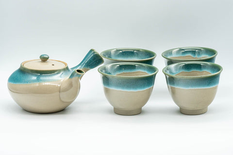 Japanese Tea Set - 上野焼 Agano-yaki Debeso Kyusu Teapot with 4 Yunomi Teacups - the Agano-yaki teapot shown with all four matching turquoise-glazed yunomi teacups