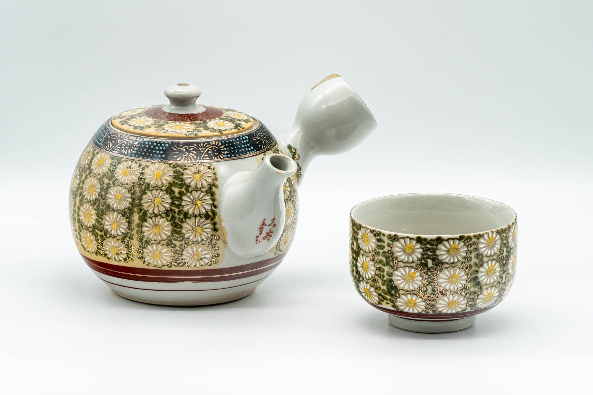 Japanese Tea Set - Kutani-yaki Debeso Kyusu Teapot with 1 Yunomi Teacup