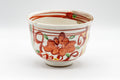 Japanese Matcha Bowl - Floral Ido-gata Chawan - 500ml - front view showing the red and green striped floral decoration on the white glaze