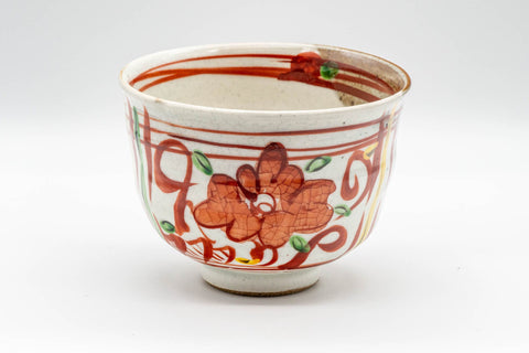 Japanese Matcha Bowl - Floral Ido-gata Chawan - 500ml - front view showing the red and green striped floral decoration on the white glaze