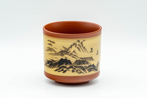 Japanese Teacup - Mountainous Tokoname-yaki Yunomi - front view of the teacup showing the painted mountain landscape over beige slip