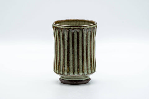 Japanese Teacup - Green Striped Dojimara-gata Yunomi - 170ml - front view of the green striped waisted teacup
