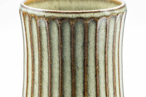 Japanese Teacup - Green Striped Dojimara-gata Yunomi - 170ml - closeup of the carved vertical stripes on the body