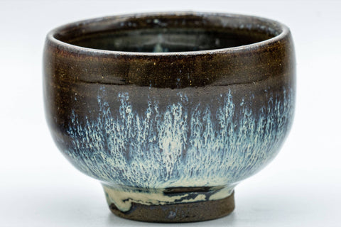 Japanese Teacup - Tenmoku Nagashi Glazed Guinomi - 50ml - side view showing the silvery tenmoku nagashi drips