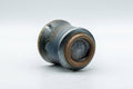 Japanese Teacup - Matte Black Drip Glazed Guinomi - 45ml - the cup resting on its side showing the foot and underside