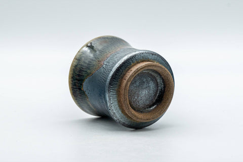 Japanese Teacup - Matte Black Drip Glazed Guinomi - 45ml - the cup resting on its side showing the foot and underside