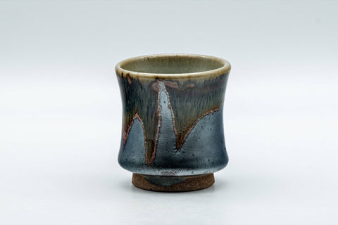 Japanese Teacup - Matte Black Drip Glazed Guinomi - 45ml - front view of the small cup with a matte black glaze and pale blue-grey drip