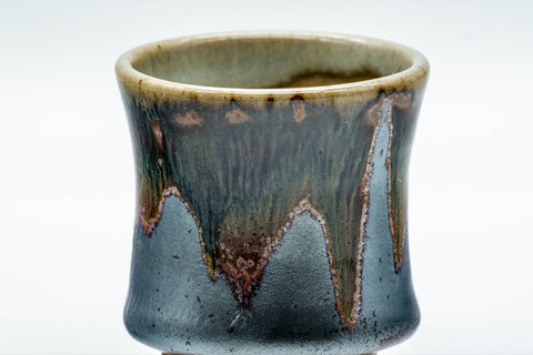 Japanese Teacup - Matte Black Drip Glazed Guinomi - 45ml - closeup of the drip glaze running down the matte black exterior
