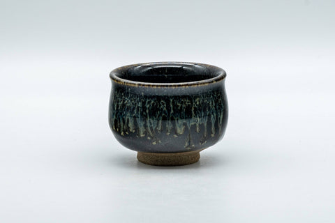 Japanese Teacup - Dojimari-gata Tenmoku Nagashi Glazed Guinomi - 40ml - front view of the small black tenmoku-glazed cup