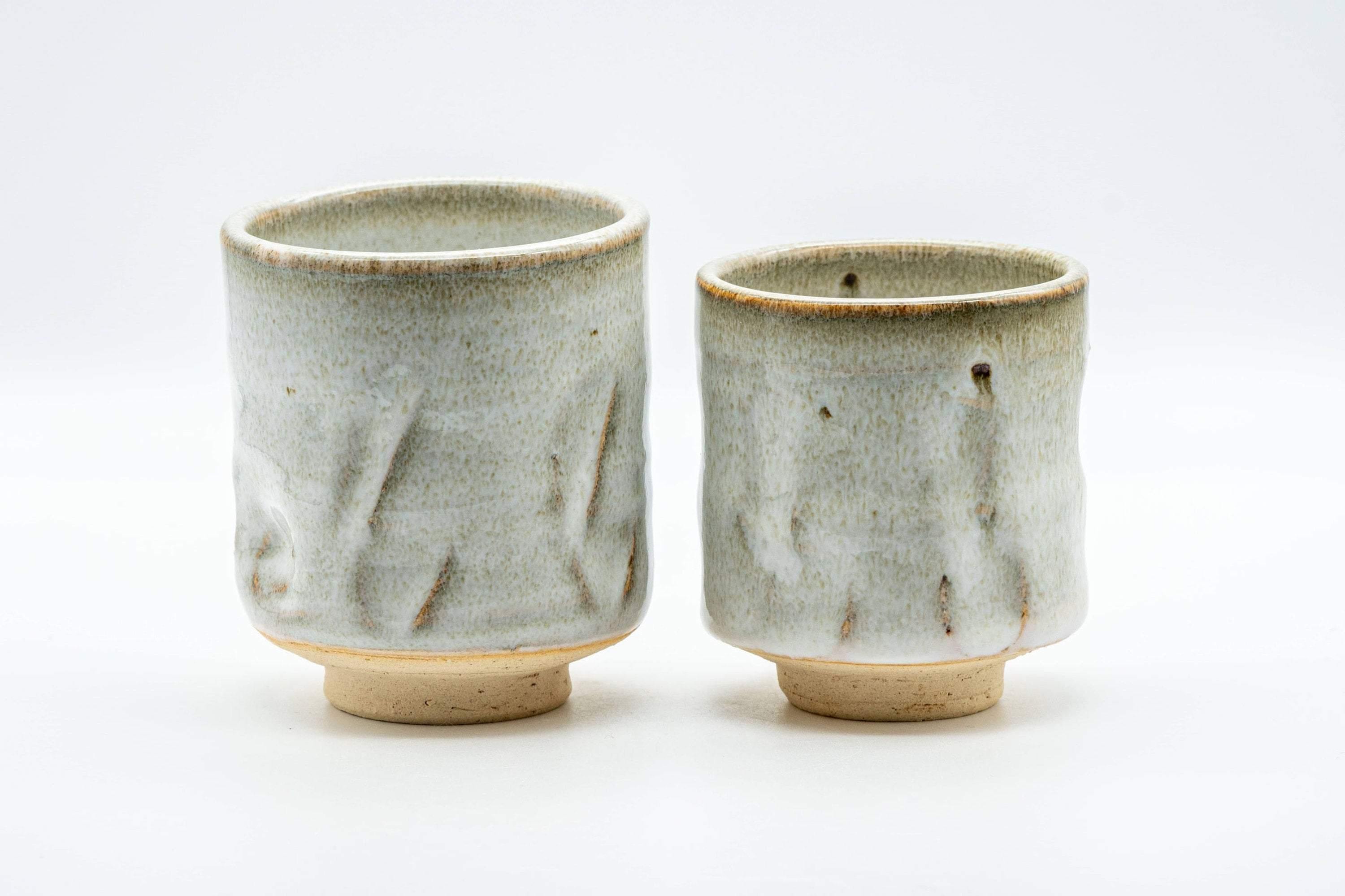 Japanese Teacups - Pair of Hagi-yaki Grey and Beige Hare's Fur Glazed Meoto Yunomi 天龍 - Tezumi