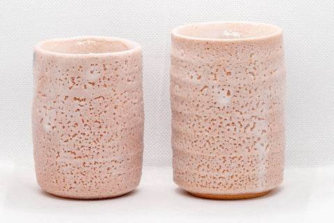 Japanese Teacups - Pair of Meoto Shino Glazed Tsutsu-gata Yunomi - 180ml - the pair shown together with the plum blossom decoration