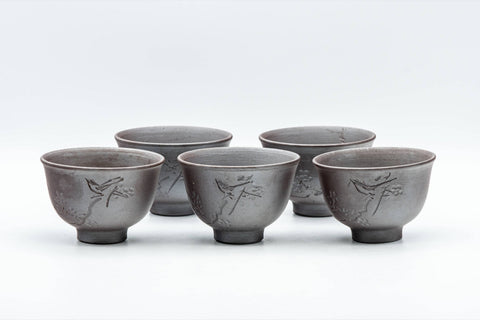 Japanese Teacups - Set of 5 Banko-yaki Senchawan - 55ml - the five purple-grey Banko-yaki cups grouped together