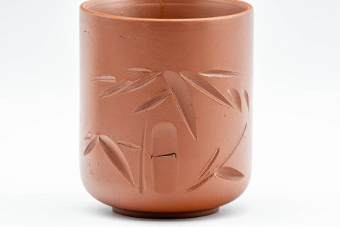 Japanese Teacups - Set of 3 Bamboo Tsutsu-gata Tokoname-yaki Yunomi - 100ml - closeup of the carved bamboo motif on a cup