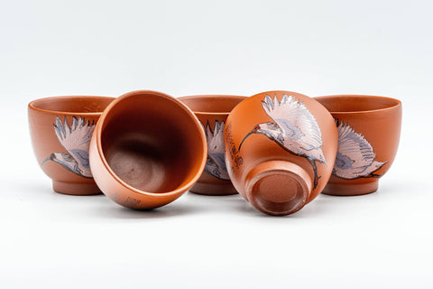 Japanese Teacups - Set of 5 國際保護 朱鷺 とき Crested Ibis Tokoname-yaki Yunomi - 55ml