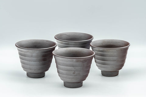 Japanese Teacups - Set of 4 Banko-yaki Senchawan - front view of the four unglazed grey ridged tulip cups