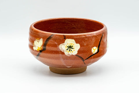 Japanese Matcha Bowl - Red Ume Hantsutsu-gata Chawan - 300ml - front view showing white plum blossoms on the orange-red glaze