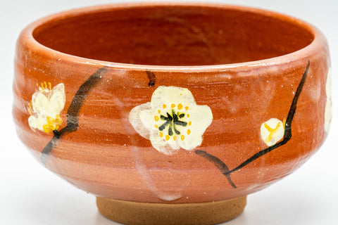Japanese Matcha Bowl - Red Ume Hantsutsu-gata Chawan - 300ml - side view showing the plum-blossom decoration