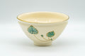 Japanese Matcha Bowl - Kyo-yaki Tenmoku-gata Chawan by Tezuka Kiriho - 250ml - front view showing the gilded lip and green leaf decoration