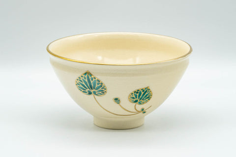Japanese Matcha Bowl - Kyo-yaki Tenmoku-gata Chawan by Tezuka Kiriho - 250ml - front view showing the gilded lip and green leaf decoration