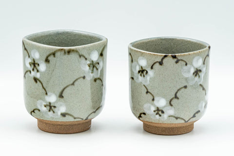 Japanese Teacups - Pair of Floral Meoto Obori Soma-yaki Yunomi
