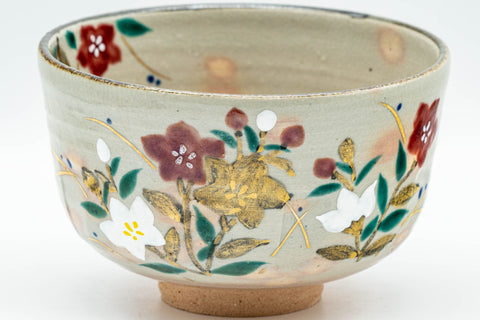 Japanese Matcha Set - 田中香泉 Tanaka Kousen Floral Kyo-yaki Chawan with Bamboo Chasen Whisk and Chashaku Scoop - 350ml