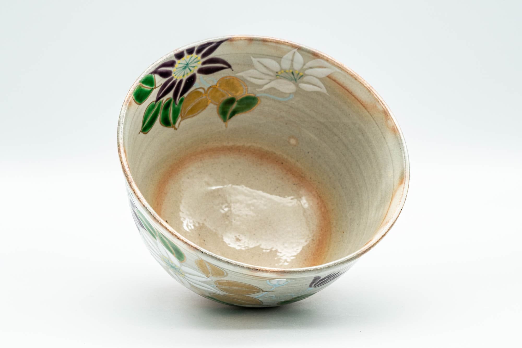 Japanese Matcha Bowl Set - Floral Hatazori-gata Kyo-yaki Chawan with Bamboo Chasen Whisk and Chashaku Scoop - 350ml
